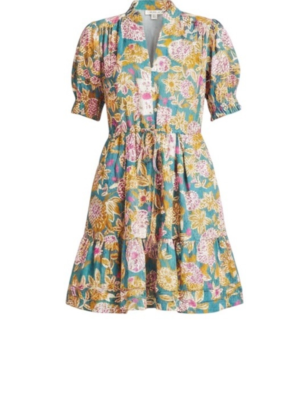 Trovata Phoebe Cotton Floral Puff Sleeve V-Neck Button Up Tie Waist Mini Dress